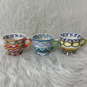 Anthropologie Footed Green, Orange, Yellow, White Colorful Mugs Cups Set Of 3